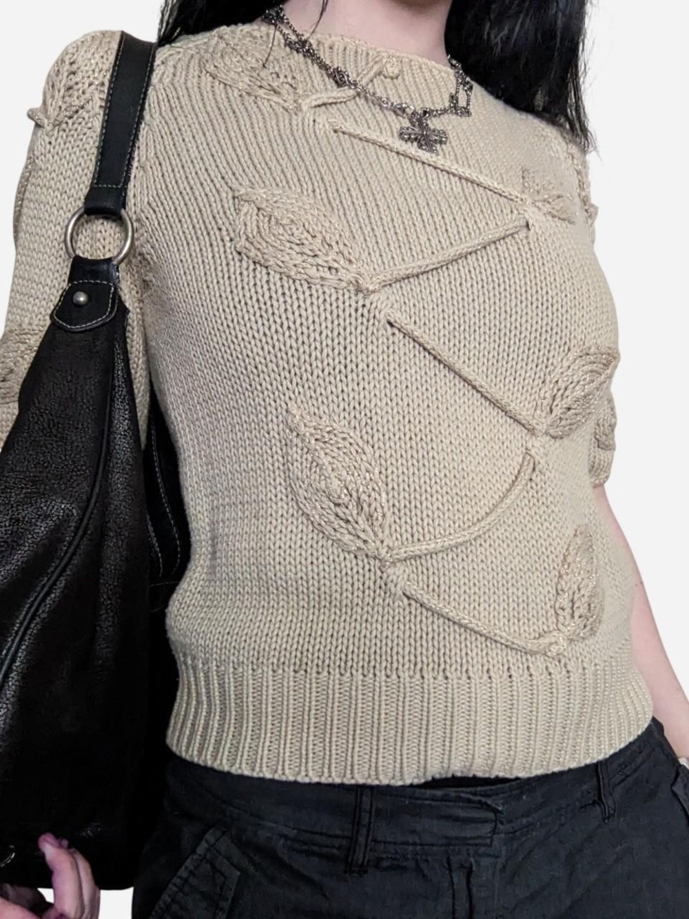 vintage 90s cream short sleeve knit top with woven leaf detailing